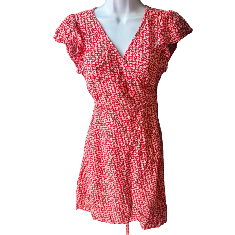 American Eagle Red Floral Wrap Mini Dress Short Flutter Sleeve V-Neck Medium‎